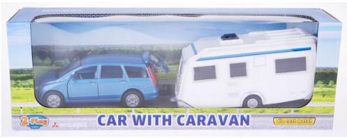 Mitsubishi with Trailer/Caravan Diecast Car Blue Pull Back Open Door 1:32