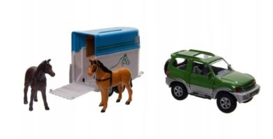 Mitsubishi Pajero Trailer + 2 Horses Diecast Car Toy Pull Back Opening Door