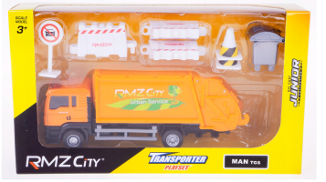 Garbage Truck Lorry MAN TGS + Road Signs Model Diecast Toy Yellow RMZ City 1:64