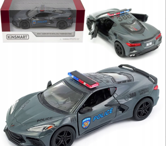 2021 Corvette Police USA Car Model Diecast Grey Toy Open Doors 1:36 Kinsmart